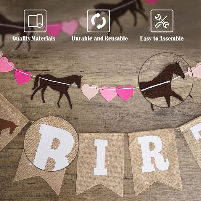 Horse Birthday Decorations – Happy Birthday Burlap Banner – Felt Horse Garland and Pennant Banner – Horse Party Supplies