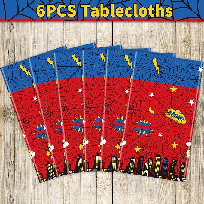 6PCS Spider Web Themed Birthday Party Tablecloths Red Blue Cartoon Plastic Table Cover City Web Theme Table Cloth for Baby Shower Kids Boys Birthday Party Supplies 86X51inches