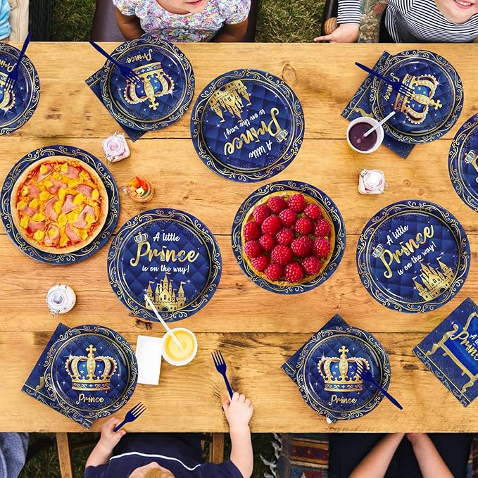 96Pcs Royal Prince Baby Shower Decorations A Little Prince is On His Way Plates and Napkins Blue Gold Little Prince Tableware Set for Kid Boy Baby Shower Birthday Party Supplies Serves 24