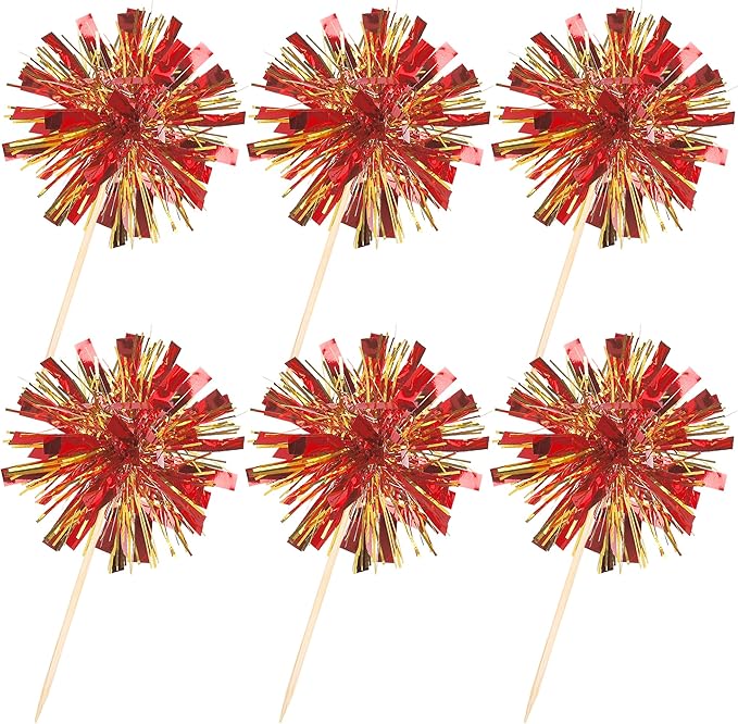30 PCS Foil Firework Cupcake Toppers Sparkle Tinsel Cupcake Picks Happy Birthday Cake Decorations Drink Stirrers Cocktail Food Fruit Toothpicks for Baby Shower Graduation Party Supplies Red Gold