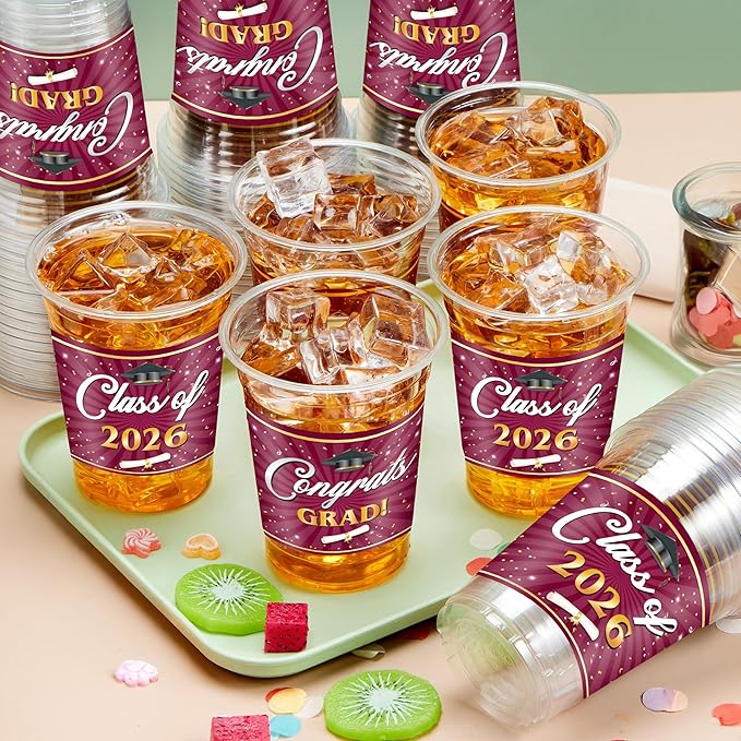 JOYIN 100 Pcs 16oz Graduation Party Plastic Cups (Maroon), Grad PET Cup Tableware Bulk for Class of 2026 Graduates, Disposable Cups for 2026 High School College Graduation School Grad Party Supplies