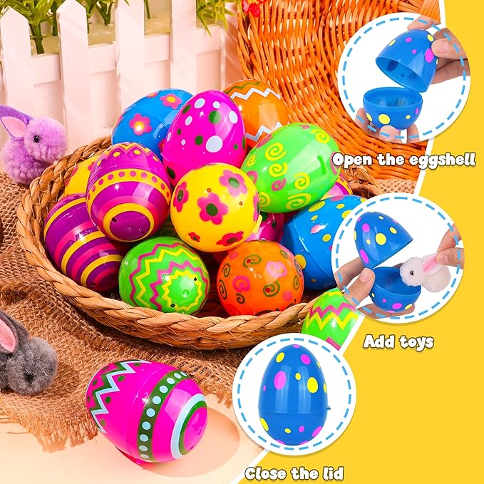 36 Pack Plastic Printed Easter Eggs, 3.15'' Tall Fillable Empty Eggs Bulks for Easter Eggs Hunt, Easter Basket Stuffers Fillers, Classroom Prize Supplies, Filling Treats and Party Favors