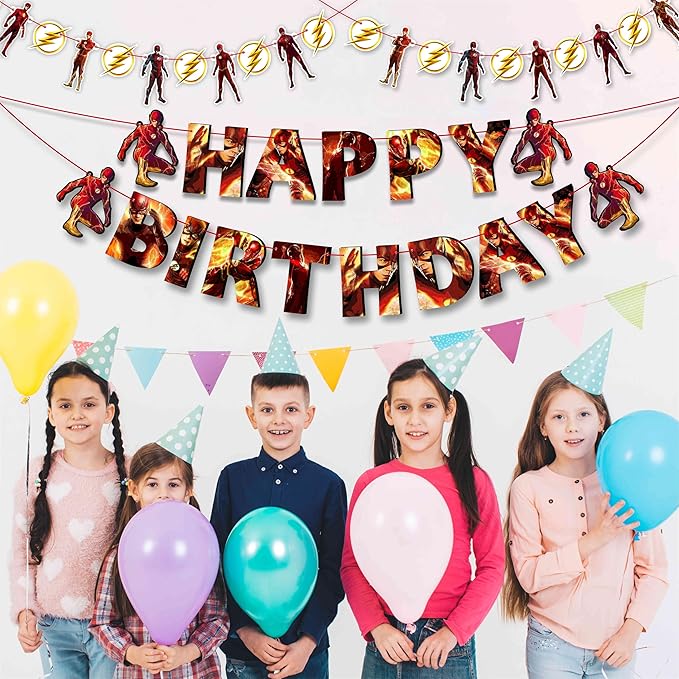 "Flsh Theme Birthday Party Supplies – Superhero Birthday Decorations Set for Boys & Girls – Includes Happy Birthday Banner, Cake Topper, Cupcake Toppers and Party Favors – Comic Theme Party Décor"