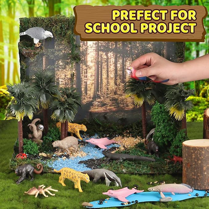 37PCS Rainforest Animals Figures Toys Set, Rainforest Diorama Supplies Include Jungle Animal Figurines,Trees, Moss, Sand, Stones for Kids Historical Education School Project Decoration Birthday