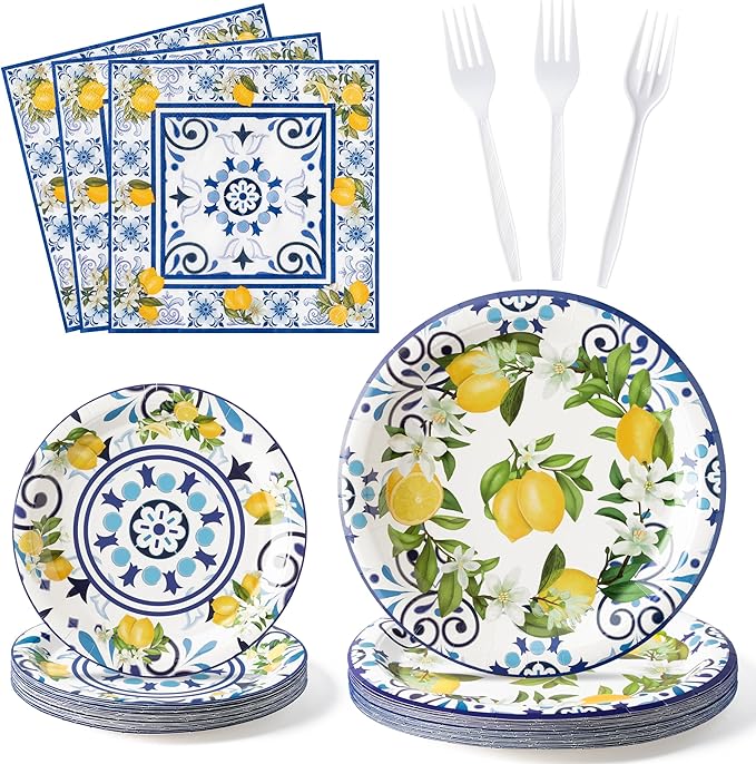 96Pcs Capri Lemon Blue Tiles Yellow Lemon Summer Citrus Fruit Party Plates Supplies Tableware Decorations Disposable Paper Plates Napkins Forks for Kids Birthday Baby Shower, Serves 24