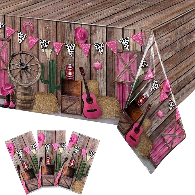 Tiamon 3 Pieces Western Party Tablecloth Cowgirl Table Cover Pink Western Cowgirl Plastic Tablecloth Disposable Wild West Table Cover for Baby Shower Birthday Party Supplies, 54 X108 Inch
