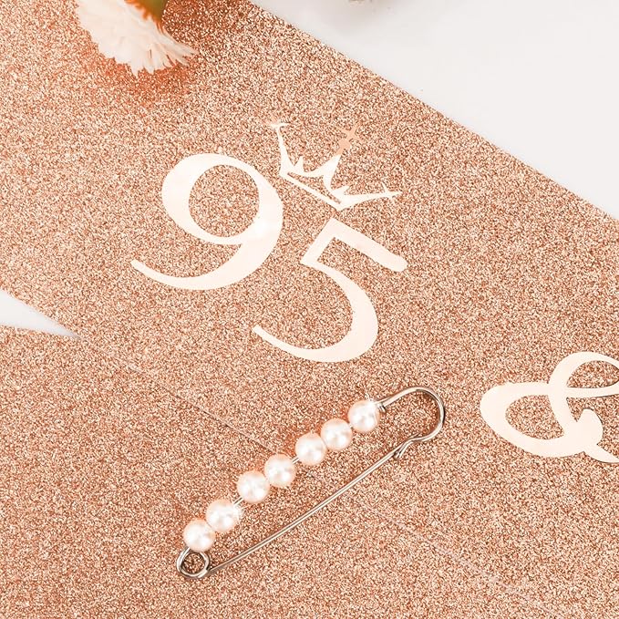 CIEHER 95th Birthday Crown and Sash, 95 & Fabulous Sash, 95th Birthday Decorations for Women - Rose Gold