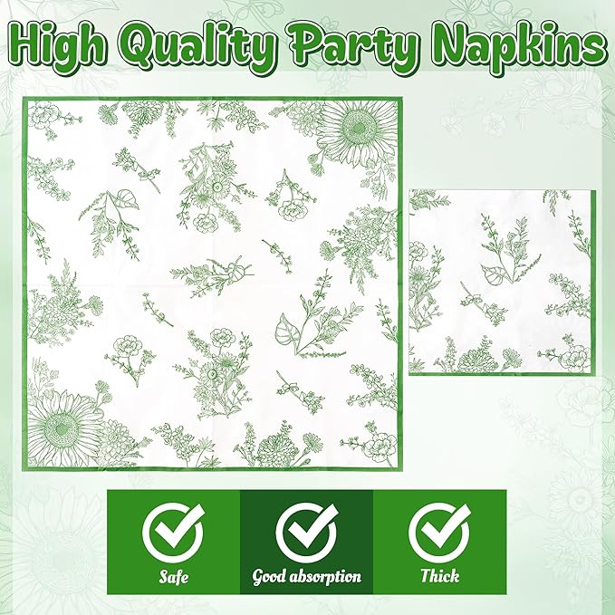 96Pcs Sage Green Floral Party Plates Supplies Green White Flower Wildflower Tableware Decorations Disposable Paper Plates Napkins Forks for Birthday Spring Summer Party Wedding, Serves 24