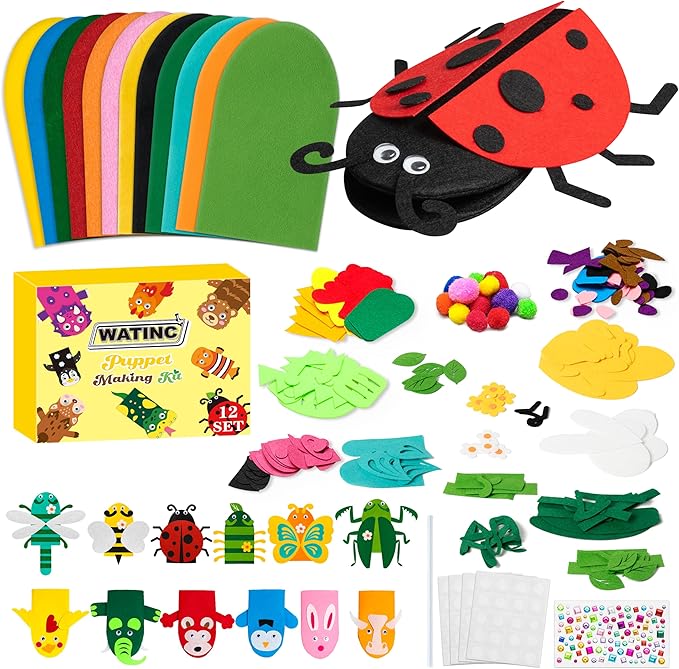 WATINC 12Pcs Hand Puppet Making Kit, Art Craft Felt Sock Puppet Toys, Creative DIY Make Your Own Pompoms Wiggle Googly Eyes Storytelling Role Play Party Supplies Gift for Girls Boys (Animals Insect A)