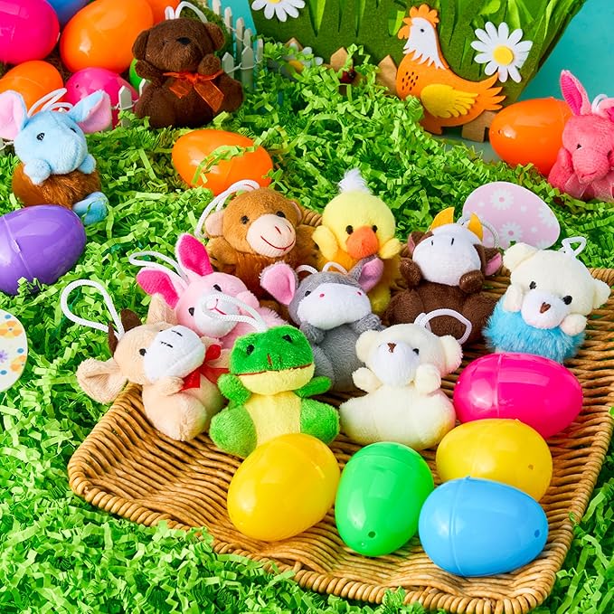 JOYIN 12 Pcs Prefilled Easter Eggs with Plush Toys, Plastic Eggs Filled with Mini Stuffed Plush Toys, Basket Stuffers for Toddlers, Easter Egg Hunt, Party Favors, Classroom Prizes for Kids