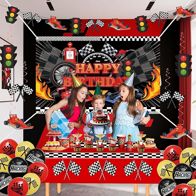 Happy Birthday Decorations For Women Men,Birthday Backdrop,Banner Balloons,Table Cloth,Paper pom poms Party Supplies for Girls Boys (Race car)