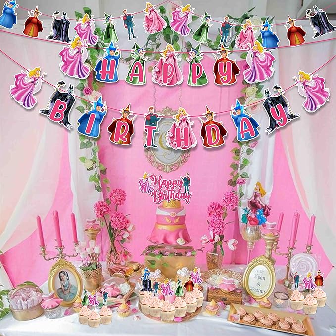 Sleepin Beauty Theme - Party Decorations, Princess Inspired Birthday Decor for Girls, Fairy Tale Castle Party Supplies, Pink Royal Birthday Banner, Cake Topper & Cupcake Decoration Set