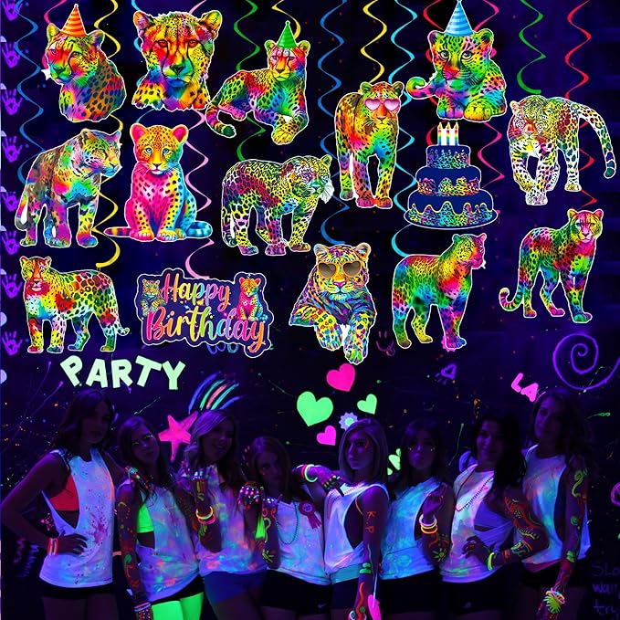 Neon Leopard Hanging Swirls Rainbow Cheetah Birthday Party Decorations 20PCS Neon Cheetah Print Ceiling Swirls Leopard Hanging Streamers for Wild Animals Party Supplies
