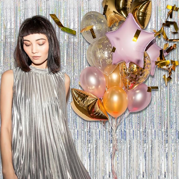 3 Pack Silver Backdrop Curtain Party Decorations Foil Fringe Backdrop Silver Tinsel Streamers Birthday Bachelorette New Year Christmas Wedding Baby Shower Disco Party Decorations