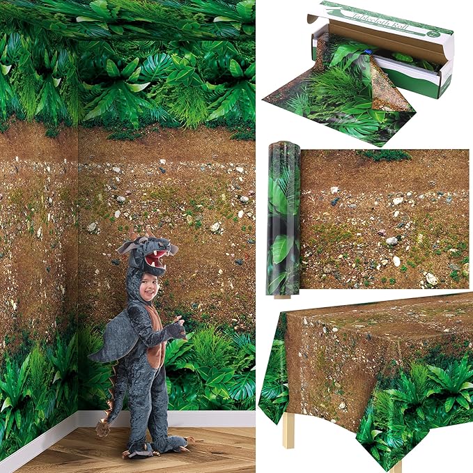 Kochorie 1 Roll 100 Ft x 54 Inch Forest Path Plastic Tablecloth Roll Safari Dinosaur Jungle Table Cover with Cutter Box for Birthday Baby Shower Party Supplies