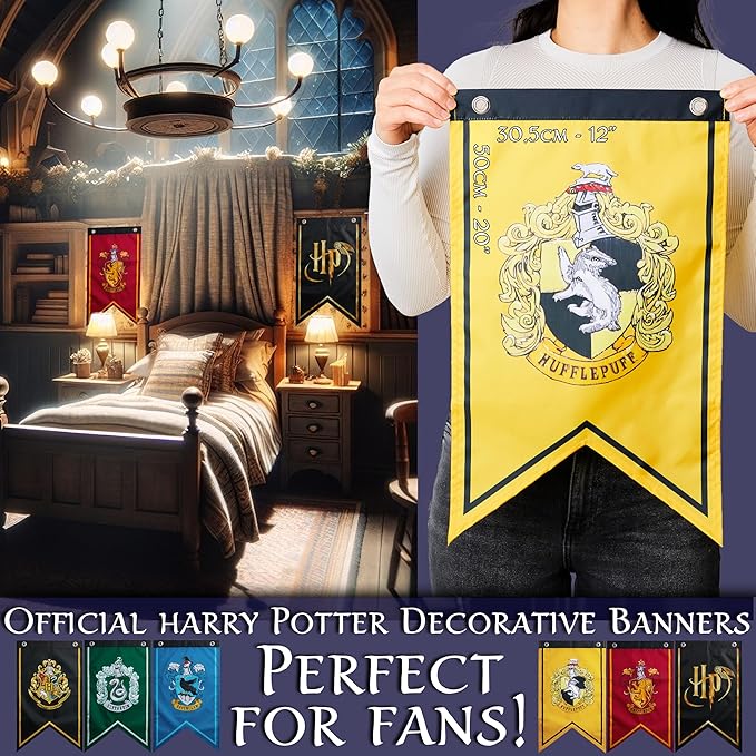 Harry Potter Gifts Banner Decorations Set of 6 Hogwarts House Flags 20x12 Inch Gryffindor, Slytherin, Ravenclaw, Hufflepuff Birthday Party Supplies (Multi Flags)