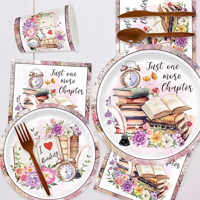 168pcs Book Themed Party Decorations Book Paper Plates Napkins Cups Book Disposable Tableware Set for Kids Book Club Library Reading Party Supplies Serves 24