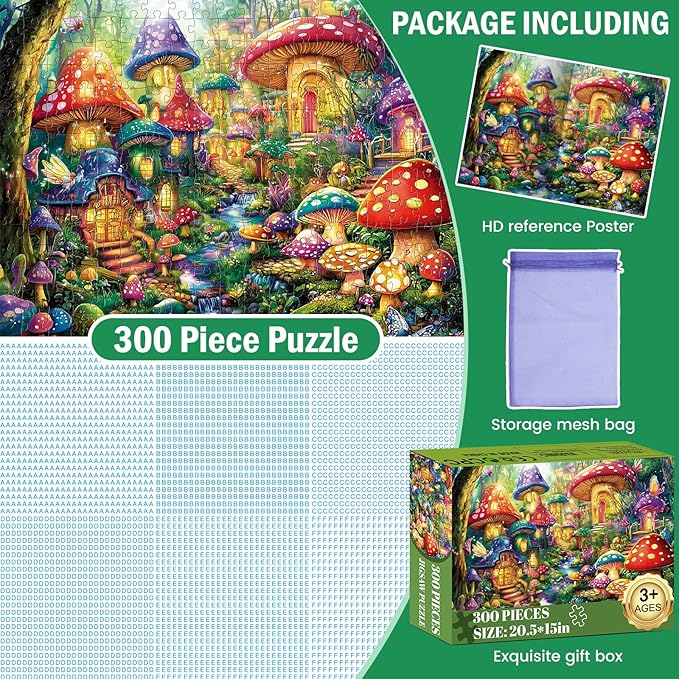 300 Piece Puzzles for Adults, Mystical Mushroom Fantasy Village Jigsaw Puzzle for Children Elderly, Large Piece Fun Fairy Puzzle for Kids Ages 8-10 10-12,Cool Puzzles,Family Game Great Gift 20.5*15in