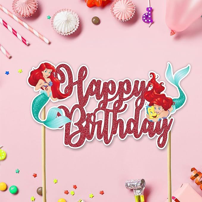The Litle Mermaid Happy Birthday Cake Topper – Ocean Fantasy Inspired Cake Decoration with Sea Adventure, Courage, Elegant Marine Style Birthday Cake Topper for Party Celebration Décor