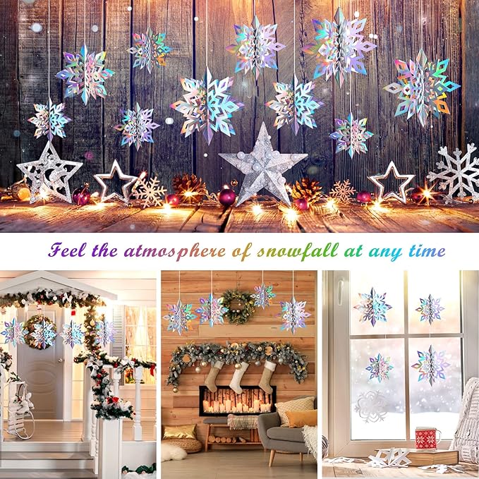 JULMELON 15Pcs Frozen 3D Hanging Snowflakes Decorations, Holographic Snowflakes Garland Silver Snowflakes for Winter Wonderland Decorations Frozen Birthday Party Supplies