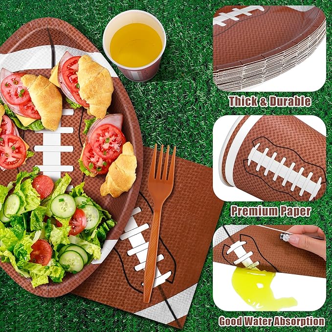 durony 144 Pieces Oval Football Theme Disposable Paper Plates Tableware Set Football Birthday Party Decorations with Plates Napkins Forks Cups Serve 24 for Sports Game Party Supplies, 11.6 x 7.9 Inch