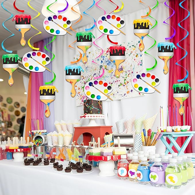 21pcs Art Painting Party Hanging Swirl Decorations Paint Brush and Palette Design Ceiling Streamers for Art Paint Birthday Party Artist Baby Shower Supplies