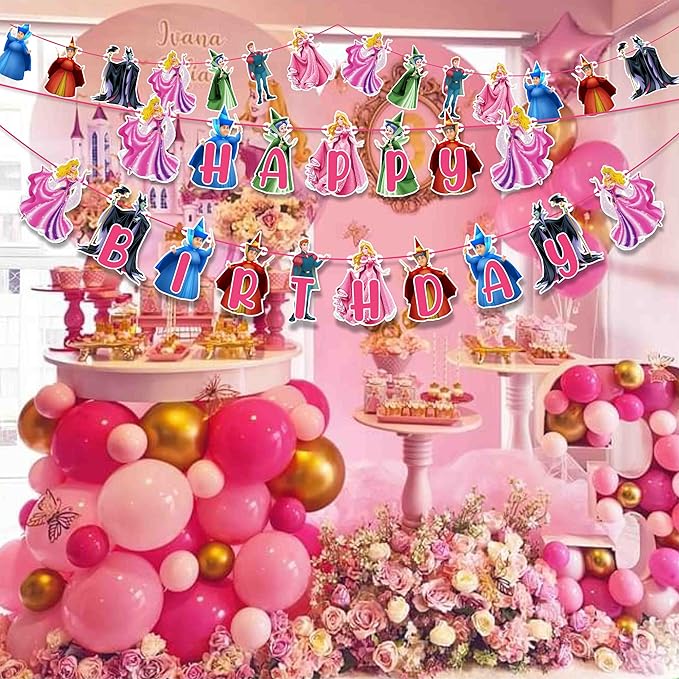 Sleepin Beauty Theme - Party Decorations, Princess Inspired Birthday Decor for Girls, Fairy Tale Castle Party Supplies, Pink Royal Birthday Banner, Cake Topper & Cupcake Decoration Set