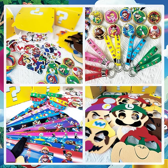 127 PCS Birthday Party Favor Supplies, Birthday Party Decorations Set Includes 50 Stickers, 15 Slap Bracelets, 10 Bracelets, 10 Button Pins, 10 Key chains, 10 Box, 10 Mask, 12 Stamp