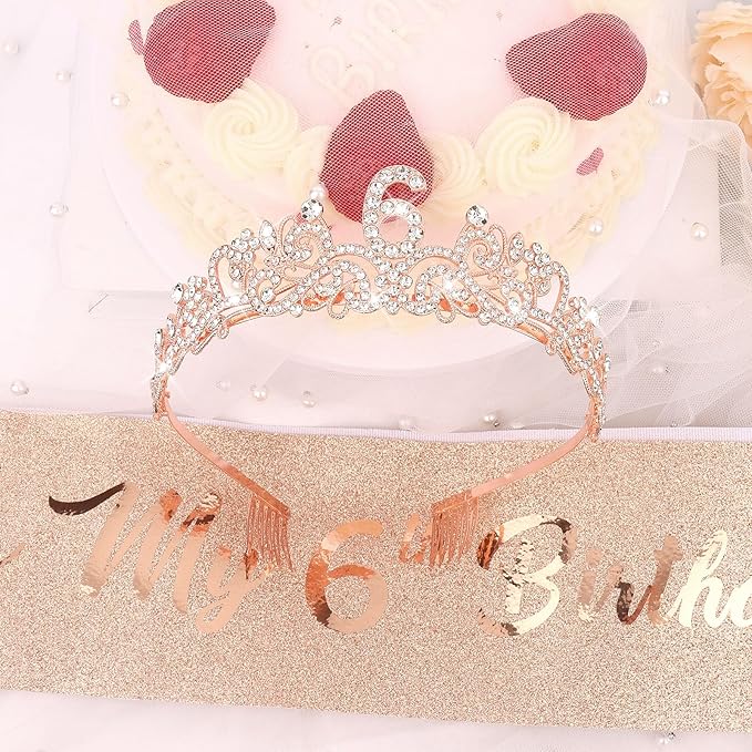 Semato 6th Birthday Decorations for Girl Sash and Crown Kit Rose Gold 6 Year Old Girl Birthday Gifts for Her Party Supplies