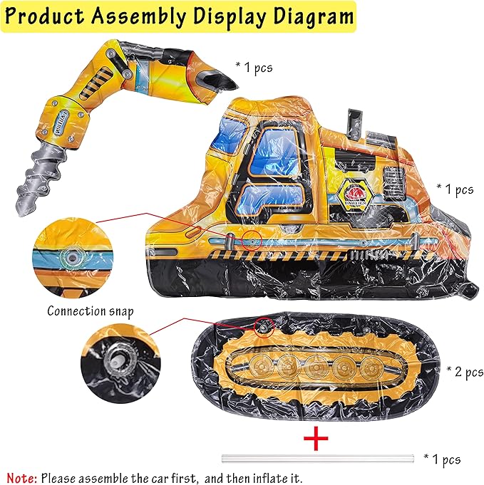 Self Standing 4D Construction Balloon Large Excavator Armed Forces Digger Engineering Vehicle Balloon For Boys Construction Birthday Theme Party Decoration Supplies