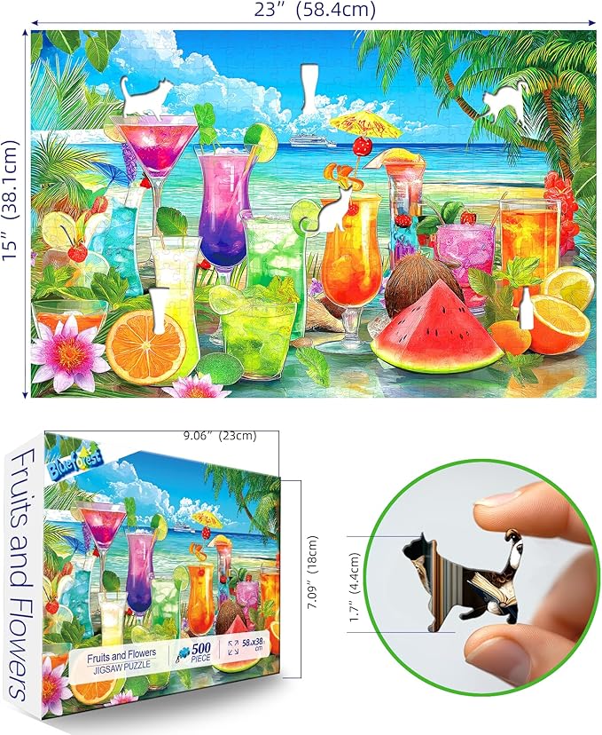 Tropical Paradise 500 Piece Jigsaw Puzzle for Adults Colorful Summer Beach Scene with Cocktails & Fresh Fruits,Letters on Back for Easy Sorting,Perfect for Game Nights & Family Fun(23“X15”)