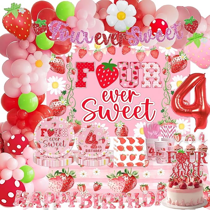 Strawberry 4th Birthday Decorations, 4th Birthday Party Decorations,Four Ever Sweet Party Supplies for include Tableware Set Plates and Napkins Balloon Backdrop Tablecloth Serve 20
