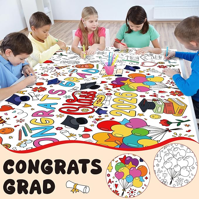 OHOME Graduation Giant Coloring Poster/Tablecloth - Kindergarten Graduation Gifts - 30 x 72 Inches Jumbo Coloring Banner Kids Crafts Games,Kindergarten Graduation Decorations for 5th Grade Preschool