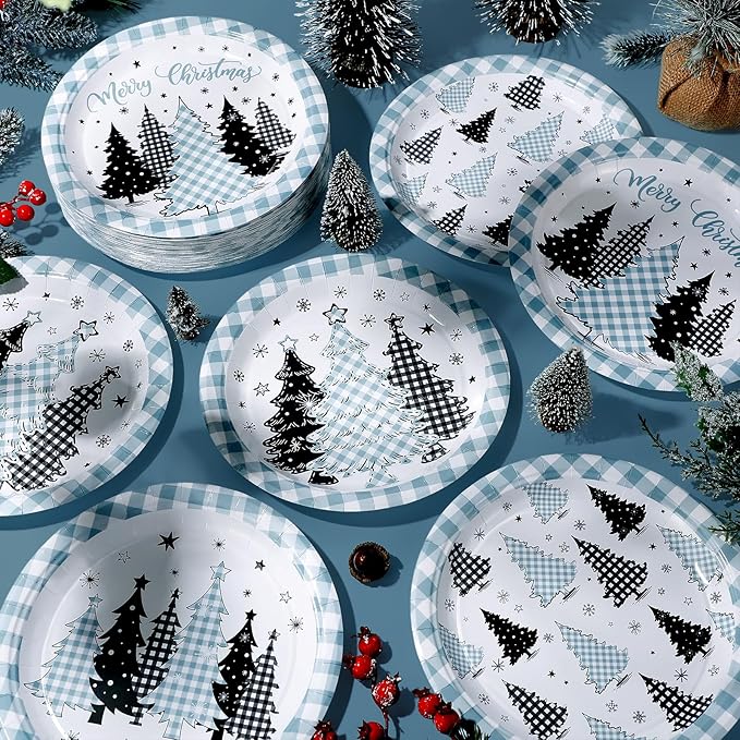 60 Pcs Blue Christmas Paper Plates 9 Inch Xmas Buffalo Plaid Gingham Tree Snowflake Disposable Plates Merry Christmas Tree Themed Tableware for Holiday Xmas Winter Party Decorations Supplies