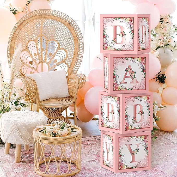 Floral Baby Shower Box Birthday Party Decoration Pink Balloon Blocks First Birthday Centerpiece Decor for Girls Rose Gold Gender Reveal Party Supplies…