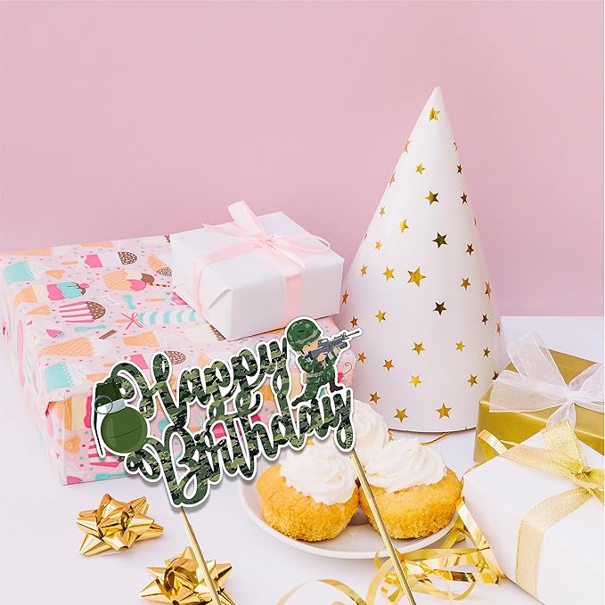 Cool Army Trops Happy Birthday Cake Topper – Military Inspired Cake Decoration with Bravery, Strength & Team Spirit Theme, Tactical Style Birthday Cake Topper for Bold Party Celebration Décor