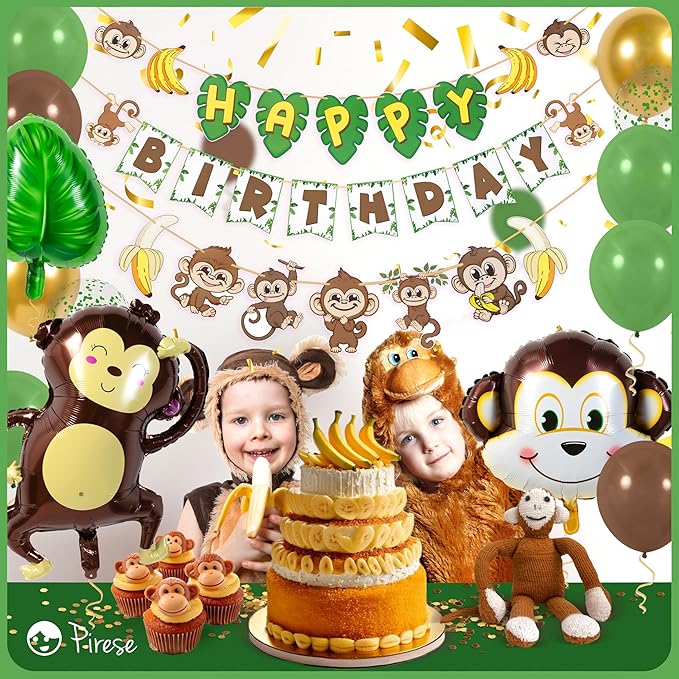 Pirese Monkey Birthday Banner, Monkey Party Decorations, Jungle Birthday Party Decorations | Banana Party Decorations| Banana Birthday Decorations | Monkey Birthday Party Supplies | Monkey Decor