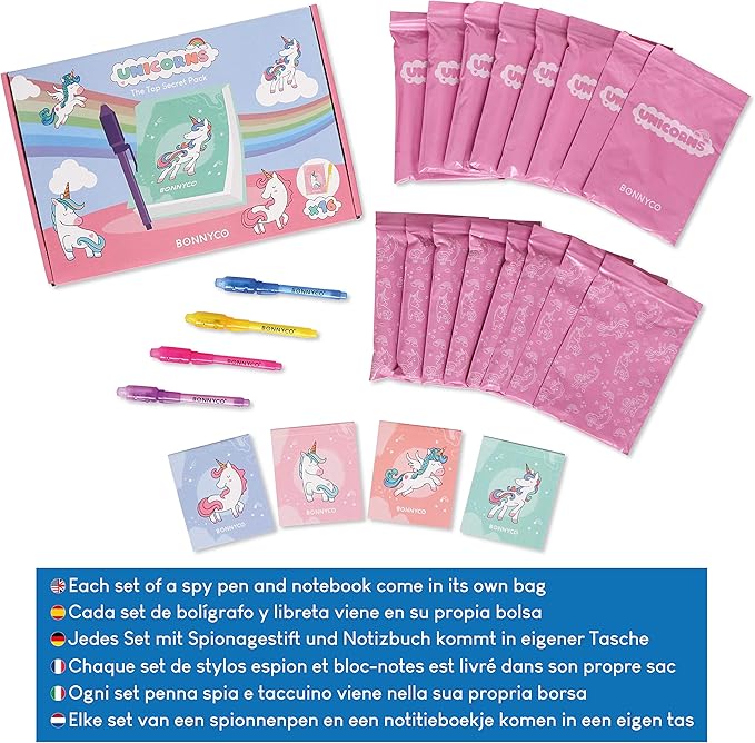 BONNYCO Invisible Ink Pen and Notebook Pack 16, Unicorn Party Favors for Kids. Magic Spy Pen Goodie Bags Stuffers for Kids, Unicorn Birthday Party Supplies. Goody Bag Stuffers, Return Gifts Prizes