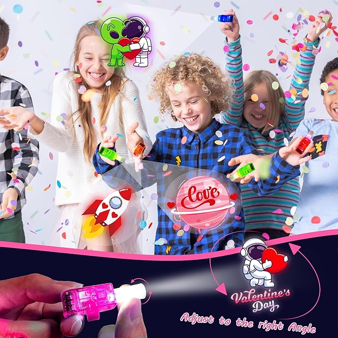 24 Pack Valentines Day Gift for Kids, Valentine Party Favors, Space LED Finger Lights with Cards, Glow in the Dark Toys, Classroom Exchange Prize, Goodie Bag Stuffers