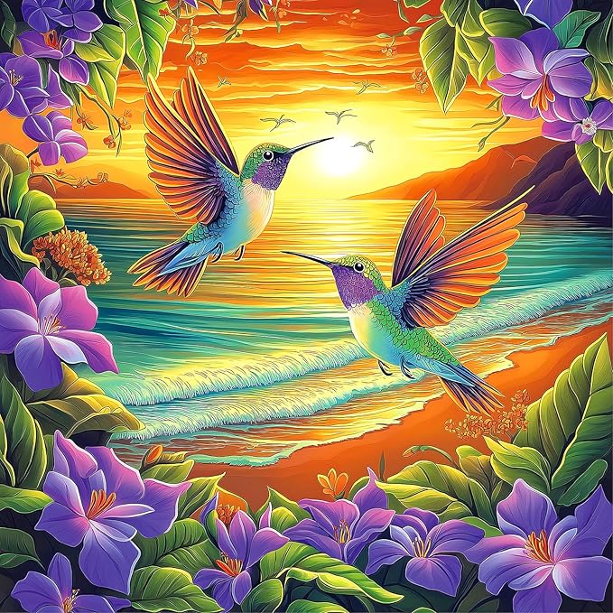 500 Piece Puzzles for Adults - Hummingbird Sunset Beach Jigsaw Puzzle, 20x20 Inches Vibrant Tropical Nature Art Puzzle for Relaxation & Home Decor