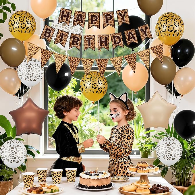 Leopard Birthday Decorations, Gold Cheetah Print Animal Balloons Brown Black and Heart Balloons, Cheetah Happy Birthday Banner for Safari Wild Birthday Baby Shower Jungle Zoo Theme Party Supplies