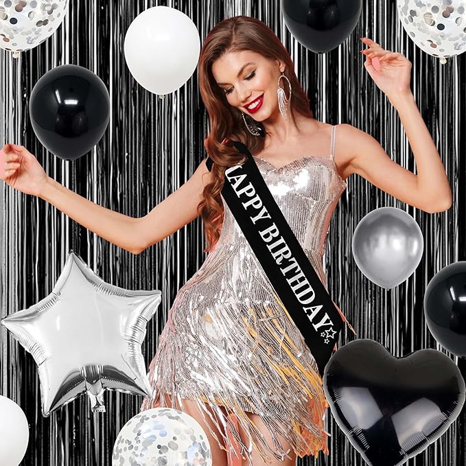 Black Silver Birthday Decorations for Men,Fringe Curtains Happy Birthday Banner,Red balloons,Cake Toppers for Boys