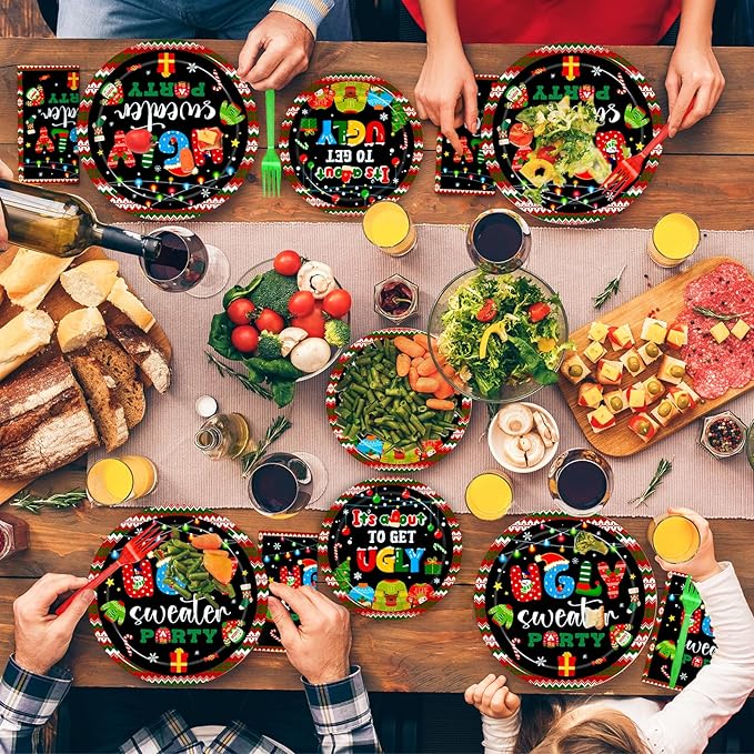 96Pcs Christmas Ugly Sweater Party Plates, Merry Christmas Party Decorations Supplies for Winter Holiday Xmas Family Gathering Birthday Party Disposable Tableware Set, Serves 24