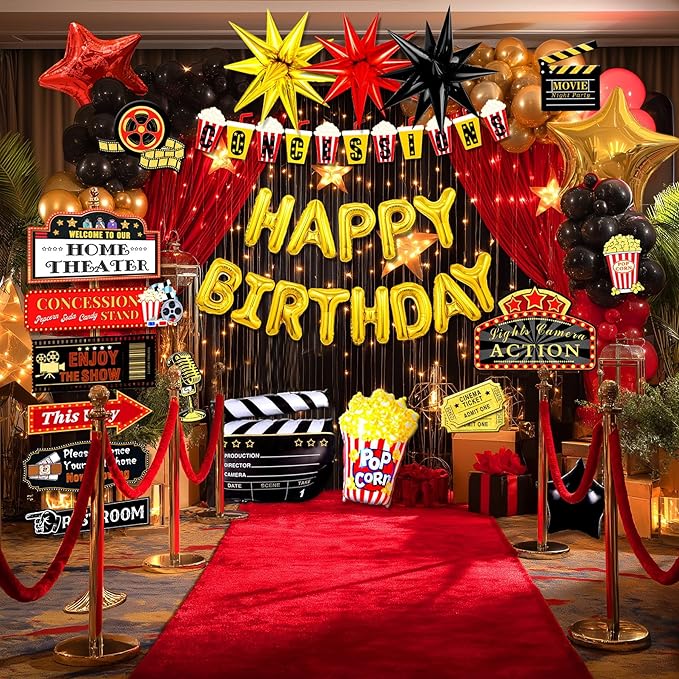 150pcs Movie Themed Birthday Party Decorations, Movie Night Birthday Decorations, Movie Theater Bday Decor Balloons Arch, Now Showing Popcorn Concessions Banner, Foil Balloons