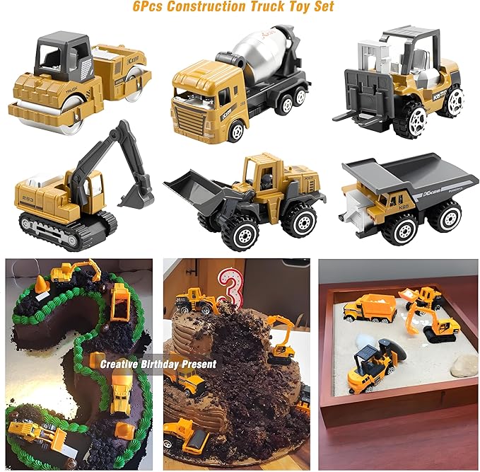 BenRich 6Pcs Mini Die Cast 1/64 Scale Alloy Construction Vehicle Set - Dump Truck, Bulldozer, Forklift, Mixer Truck, Road Roller & Excavator Toys Car for Kids Boys Girls Birthday Gift (Yellow)