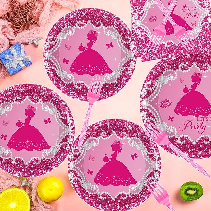 96Pcs Let's Go Party Plates & Napkins, Princess Birthday Party Tableware Set, Pink Disposable Plates, Forks, Bachelorette Girl Napkins for 24 Guests