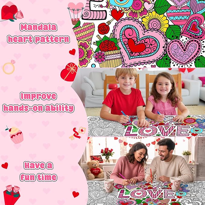 Jumbo LOVE Mandala Coloring Poster - Valentine’s Day Heart Flower DIY Drawing Color-in Paper Blank Art Banner 55.1 x 23.6 Inch Wall Decor, Home Classroom Activity for Kids Party Supplies