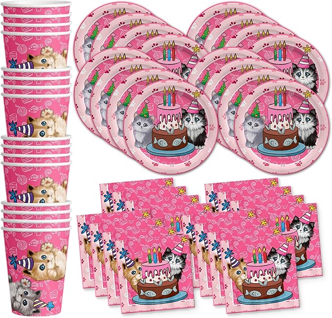 Kitty Cat Pink Kitten Birthday Party Supplies Set Plates Napkins Cups Tableware Kit for 16