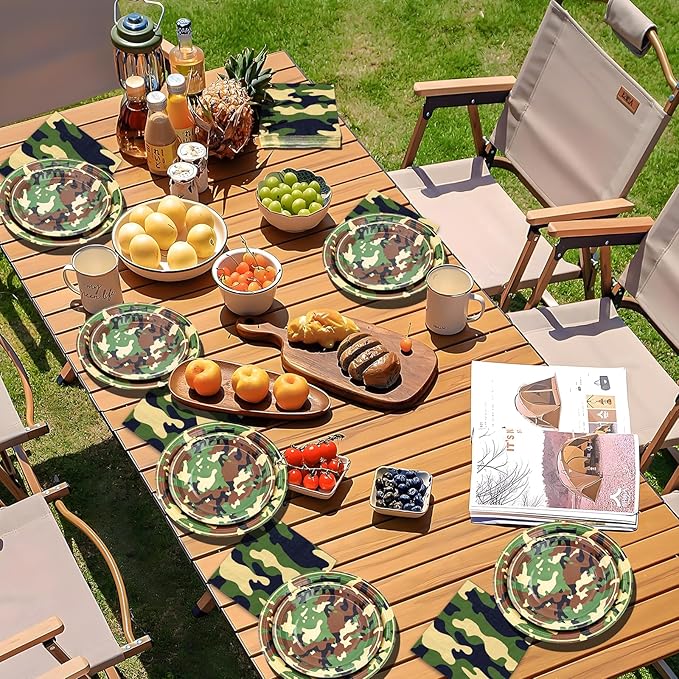 180PCS Camo Birthday Party Supplies Serve 60, Army Camouflage Theme Paper Plates and Napkins Kit for Camouflages Hunting Army Military Civil War Decorations