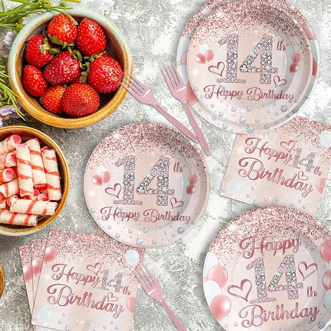 Grencian 96Pcs 14th Birthday Party Supplies Disposable Rose Gold 14 Year Old Birthday Plates Napkins Forks Tableware Set 14th Birthday Decorations for Girls Happy 14th Birthday Fabulous Party Serve 24